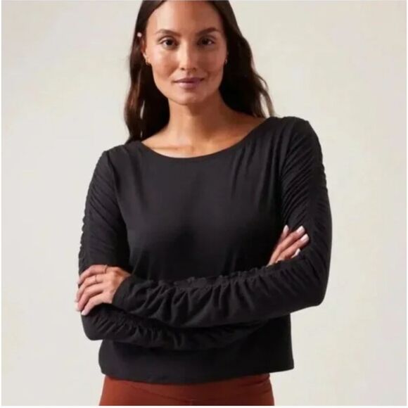 Athleta Black All Around Ruched Stretchy Long Sleeve Boat Neck Pullover Top Sz S - Picture 1 of 8